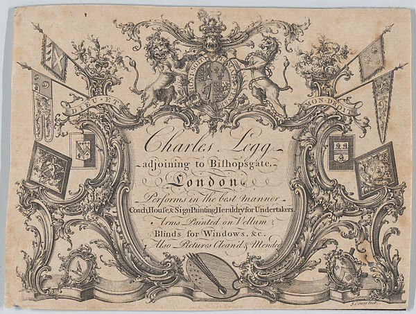 Trade card of Charles Legg, Coach, House and Sign Painting, Bishopsgate London, Jeremiah Evans (British, active London and Liverpool, 1753–85), Engraving 