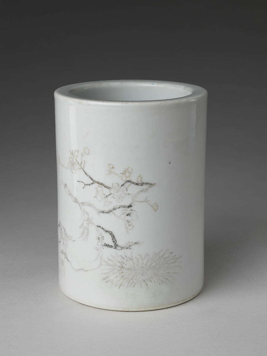 Brush Holder, Porcelain painted with ink over a white glaze (Dehua ware), China