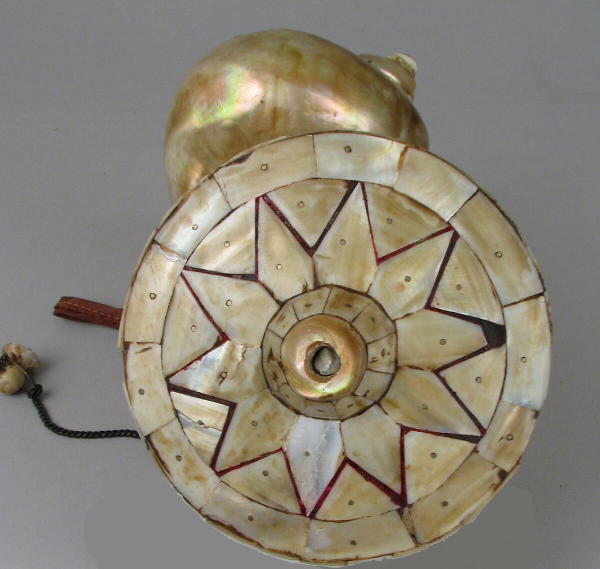 Covered container, Green Turban shell, brass, leather, Indian, Gujarat