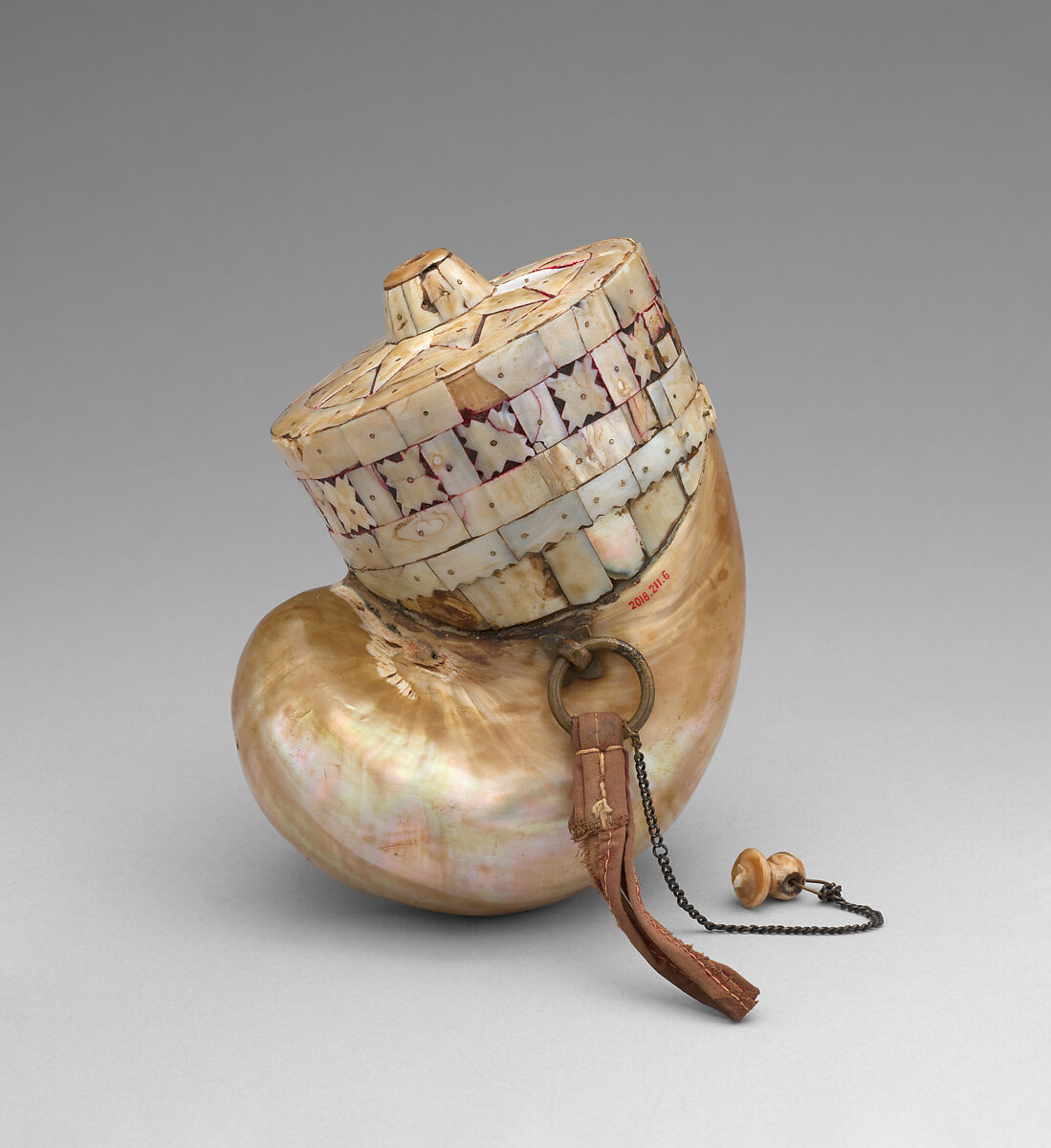 Covered container, Green Turban shell, brass, leather, Indian, Gujarat