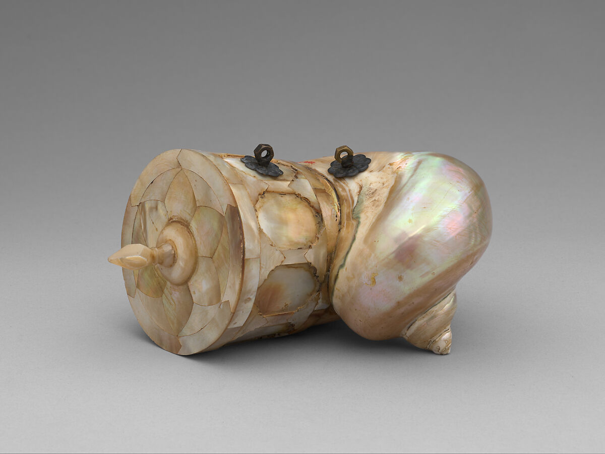 Covered container, Green Turban shell, brass, leather, Indian, Gujarat