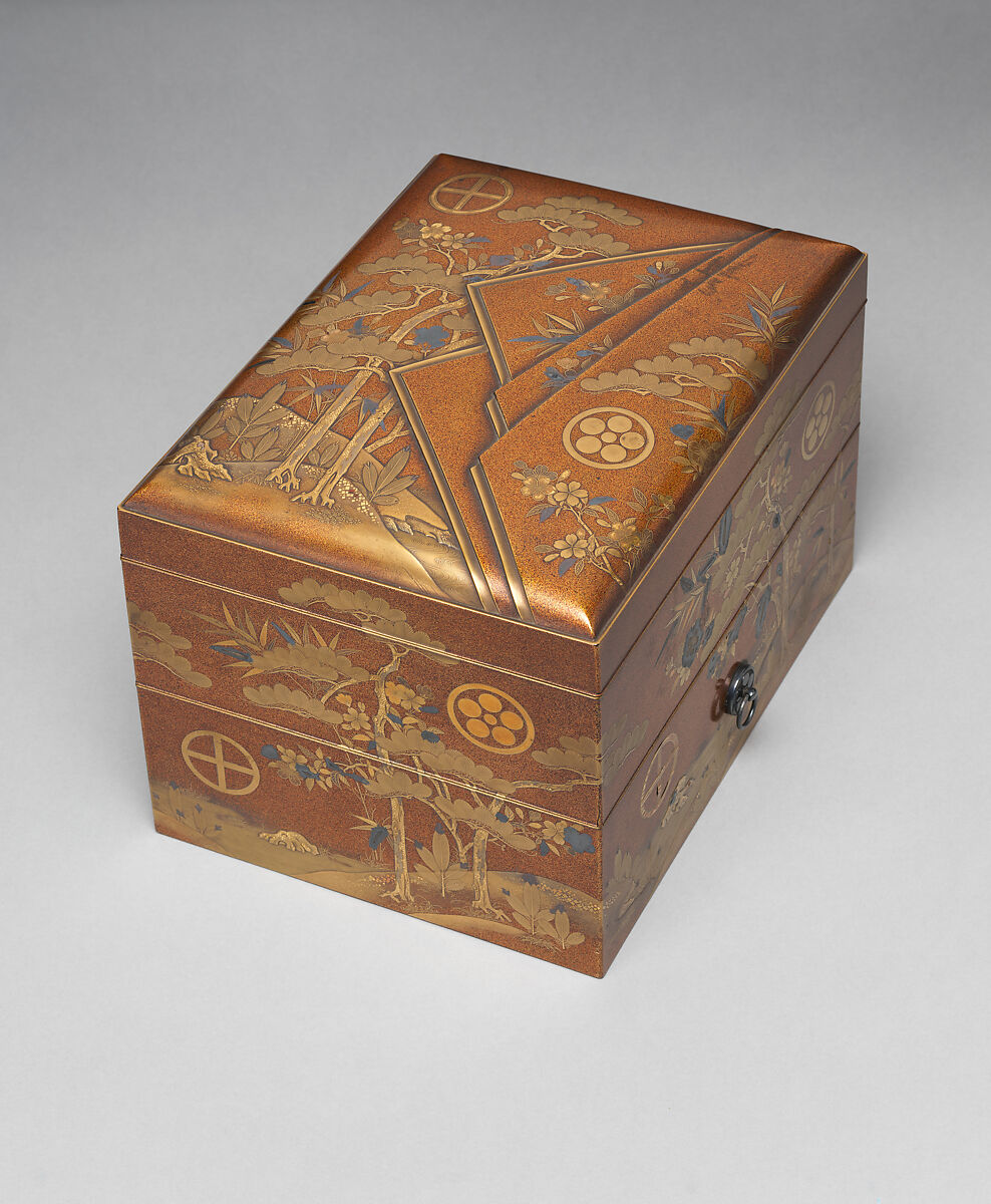 Cosmetic Box (Mayudzukuri-bako) with Pine, Bamboo, and Cherry Blossoms from a Wedding Set, Lacquered wood with gold, silver takamaki-e, hiramaki-e, cut-out gold and silver foil application on nashiji (“pear-skin”) ground, Japan