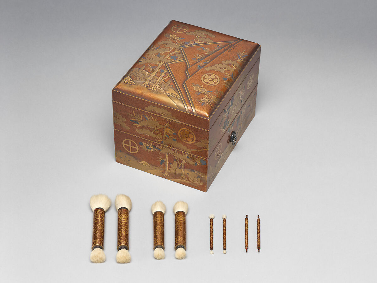 Cosmetic Box (Mayudzukuri-bako) with Pine, Bamboo, and Cherry Blossoms from a Wedding Set, Lacquered wood with gold, silver takamaki-e, hiramaki-e, cut-out gold and silver foil application on nashiji (“pear-skin”) ground, Japan