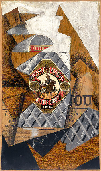 The Bottle of Anis, Juan Gris (Spanish, Madrid 1887–1927 Boulogne-sur-Seine), Cut-and-pasted printed wallpapers, newspaper, printed commercial label, gouache, conté crayon, and graphite on newspaper mounted on canvas 