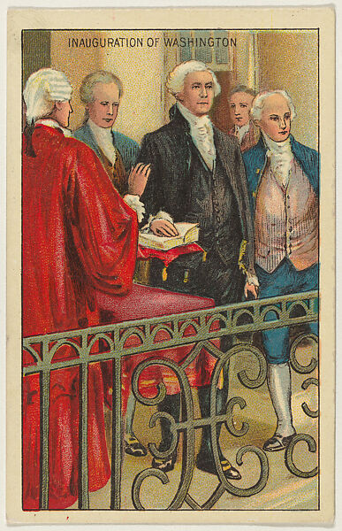 Inauguration of Washington, from the "Historical Events" series (T70), issued with Hoffman House Magnums Cigars, Flexo Giants Little Cigars, Buffo Little Cigars, and Just Suits Cut Plug, Commercial color lithograph 