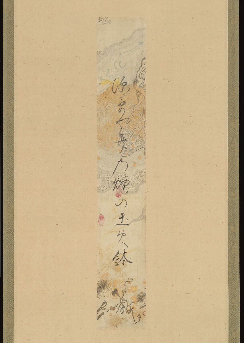 Haiku, Iwakura Tomonori (Japanese, 1629–1680), Hanging scroll; ink on paper, decorated in gold and silver, Japan 