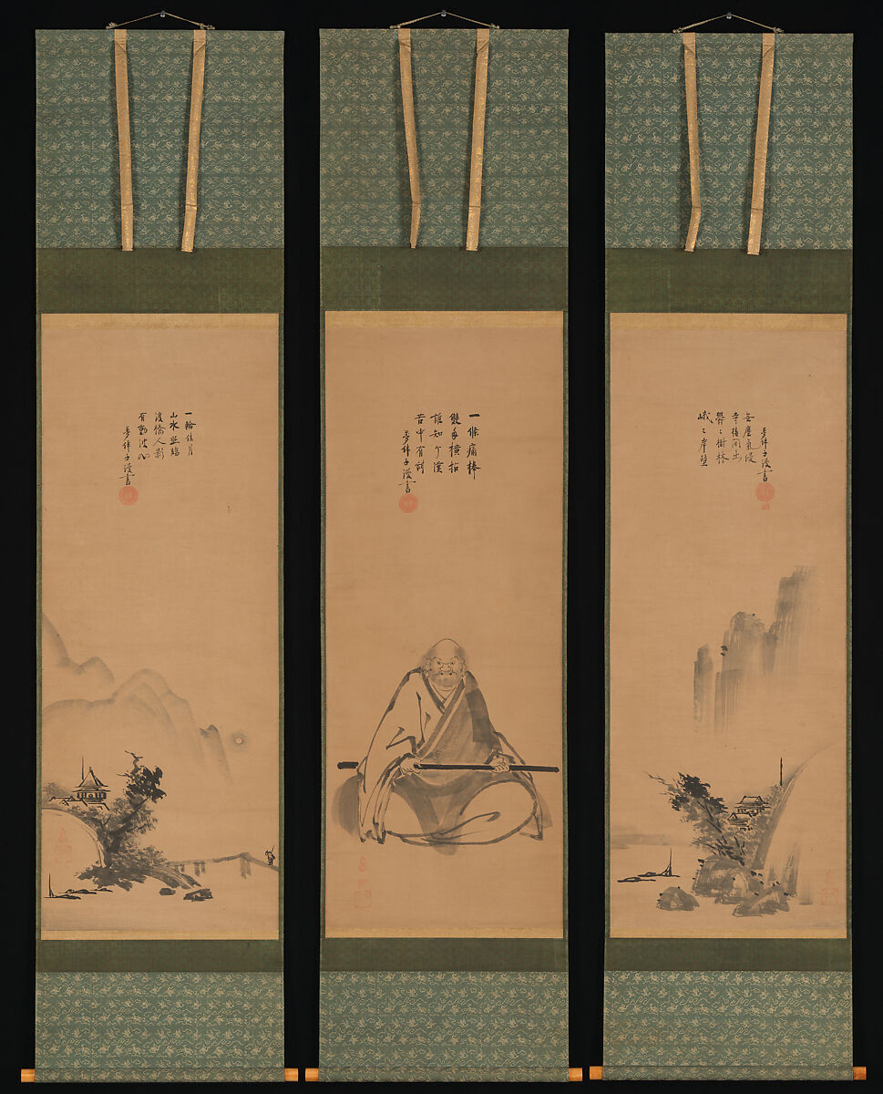 Zen Master with Meditation Staff, and Chinese-Style Landscapes, Painting by Unkoku Tōeki (Japanese, 1591–1644), Set of three hanging scrolls; ink on paper, Japan 