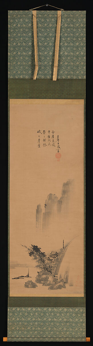Zen Master with Meditation Staff, and Chinese-Style Landscapes, Painting attributed to Unkoku Tōeki (Japanese, 1591–1644), Set of three hanging scrolls; ink on paper, Japan