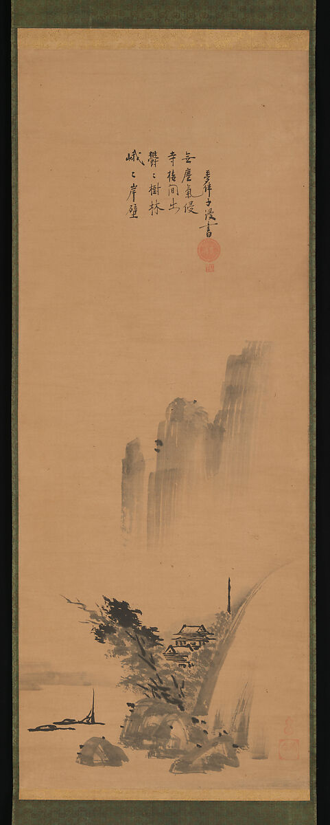Zen Master with Meditation Staff, and Chinese-Style Landscapes, Painting attributed to Unkoku Tōeki (Japanese, 1591–1644), Set of three hanging scrolls; ink on paper, Japan