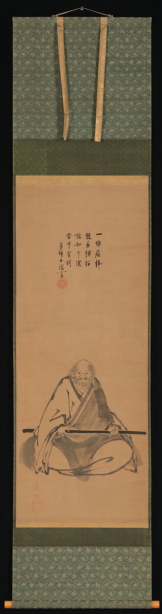 Zen Master with Meditation Staff, and Chinese-Style Landscapes, Painting attributed to Unkoku Tōeki (Japanese, 1591–1644), Set of three hanging scrolls; ink on paper, Japan
