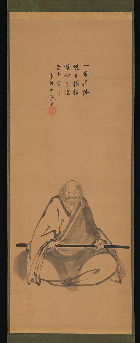 Zen Master with Meditation Staff, and Chinese-Style Landscapes, Painting attributed to Unkoku Tōeki (Japanese, 1591–1644), Set of three hanging scrolls; ink on paper, Japan