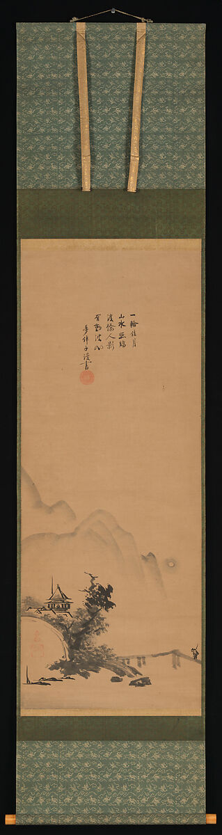 Zen Master with Meditation Staff, and Chinese-Style Landscapes, Painting attributed to Unkoku Tōeki (Japanese, 1591–1644), Set of three hanging scrolls; ink on paper, Japan