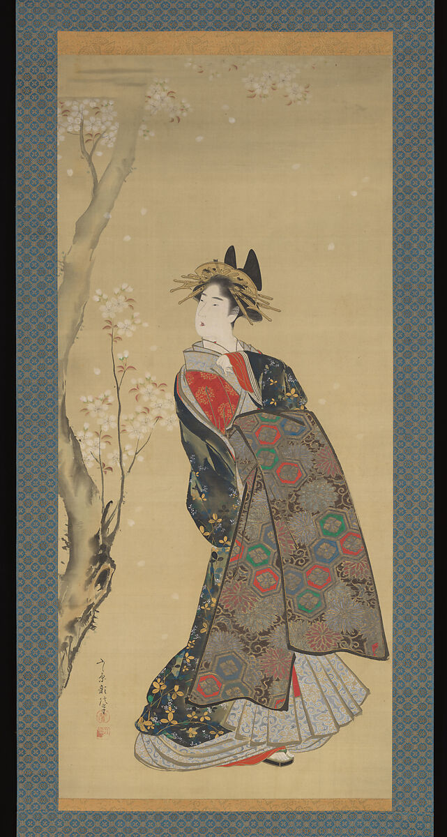 Beauty of the Season; Spring, Fujiwara Chikanobu (Japanese, 18th century), Hanging scroll; ink on paper, Japan 