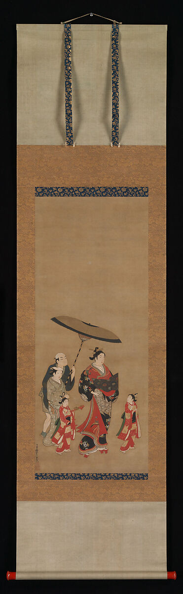 Courtesan on Parade, Miyagawa Isshō (Japanese, 1689–1780), Hanging scroll; ink, color and gold on silk, Japan