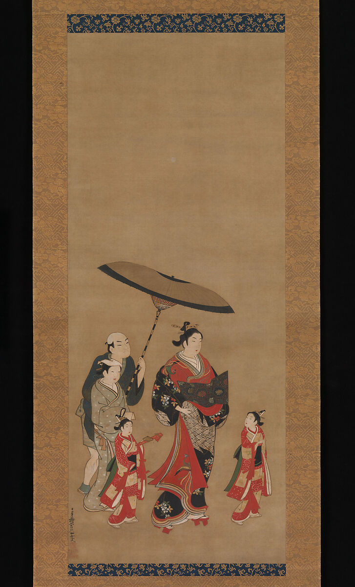 Courtesan on Parade, Miyagawa Isshō (Japanese, 1689–1780), Hanging scroll; ink, color and gold on silk, Japan 