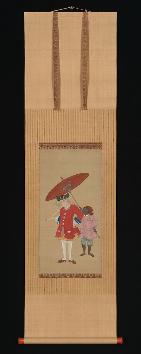 Dutchman with a Servant, Attributed to Kawahara Keiga (Japanese, 1786–1860), Hanging scroll; ink and color on silk, negoro lacquer roller knobs, Japan