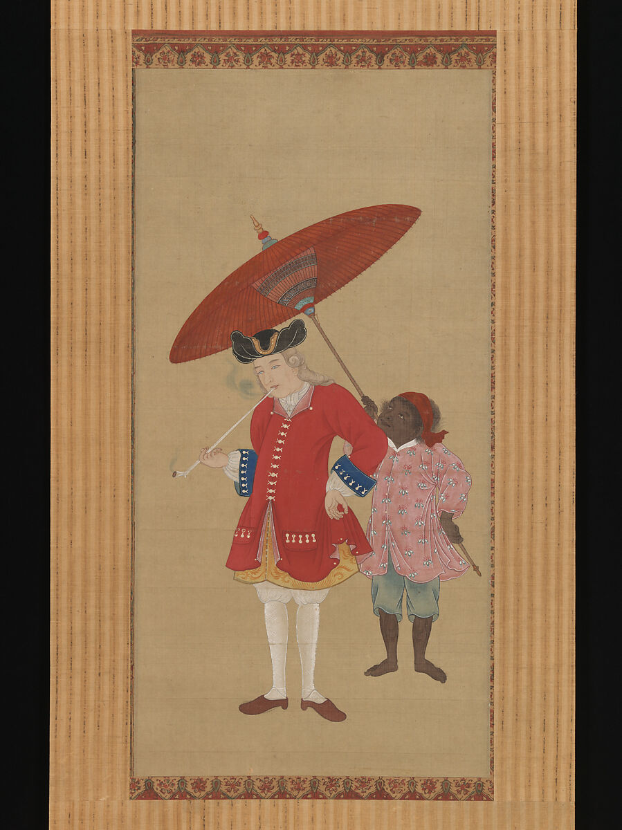 Dutchman with a Servant, Attributed to Kawahara Keiga (Japanese, 1786–1860), Hanging scroll; ink and color on silk, negoro lacquer roller knobs, Japan 