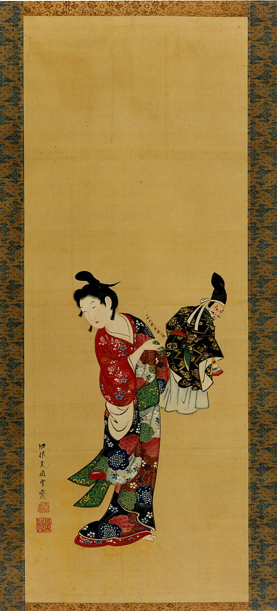 Puppeteer with Puppet, Tsukioka Sessai (Japanese, 1761–1839), Hanging scroll; ink and colors on silk, Japan 