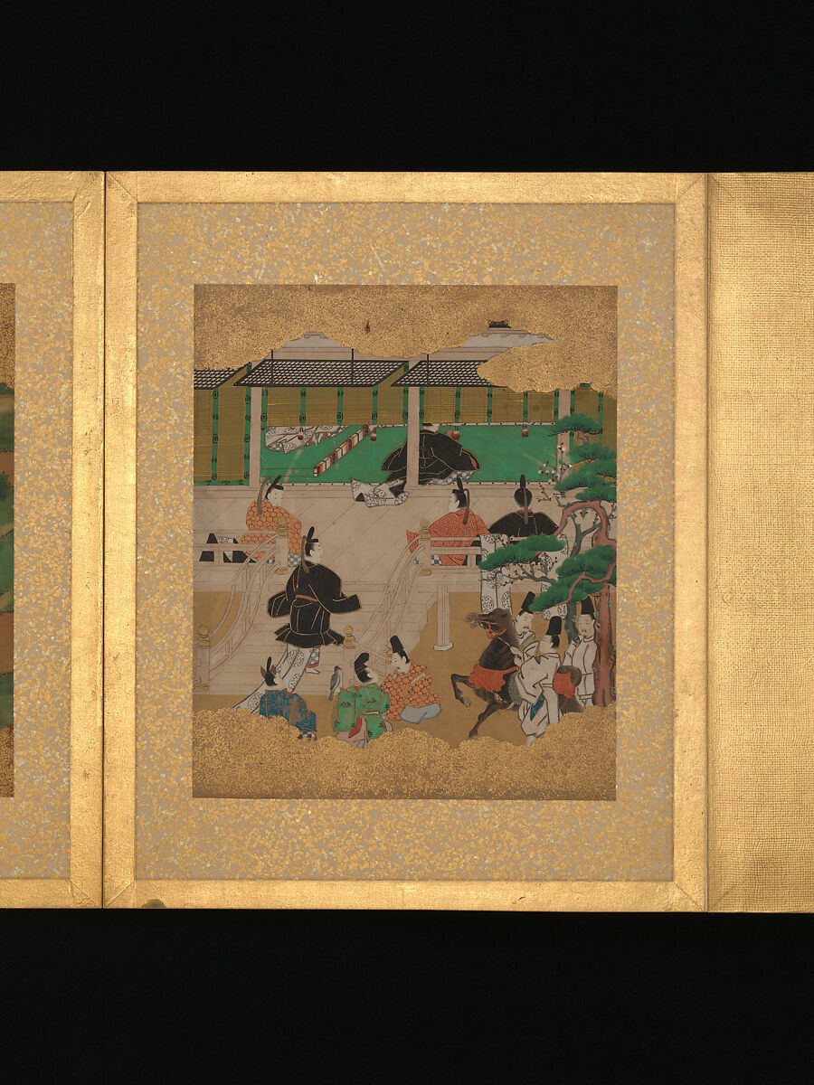 Twelve Scenes from The Tale of Genji, Unidentified artist (Sumiyoshi School), Album of twelve leaves; ink and color on gold-flecked paper, Japan 