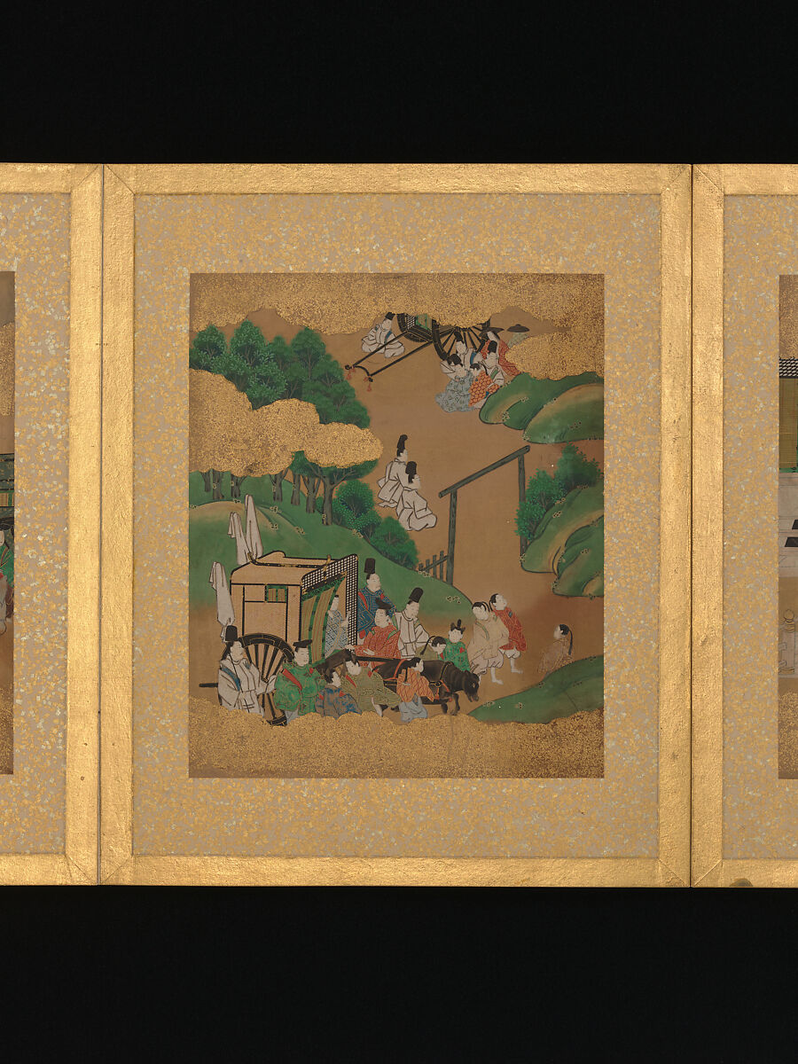 Twelve Scenes from The Tale of Genji, Unidentified artist (Sumiyoshi School), Album of twelve leaves; ink and color on gold-flecked paper, Japan