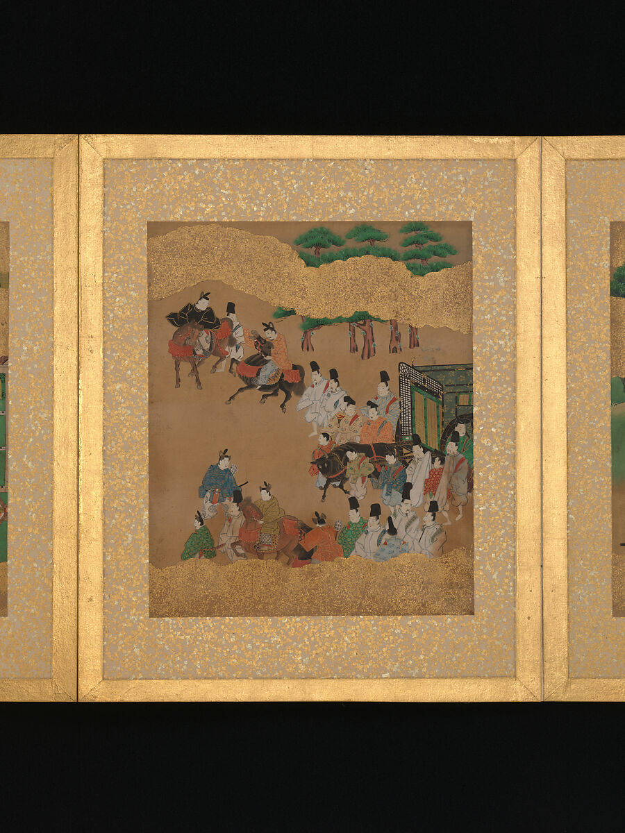 Twelve Scenes from The Tale of Genji, Unidentified artist (Sumiyoshi School), Album of twelve leaves; ink and color on gold-flecked paper, Japan
