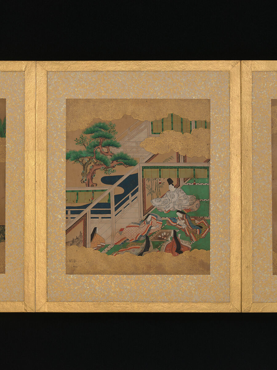 Twelve Scenes from The Tale of Genji, Unidentified artist (Sumiyoshi School), Album of twelve leaves; ink and color on gold-flecked paper, Japan
