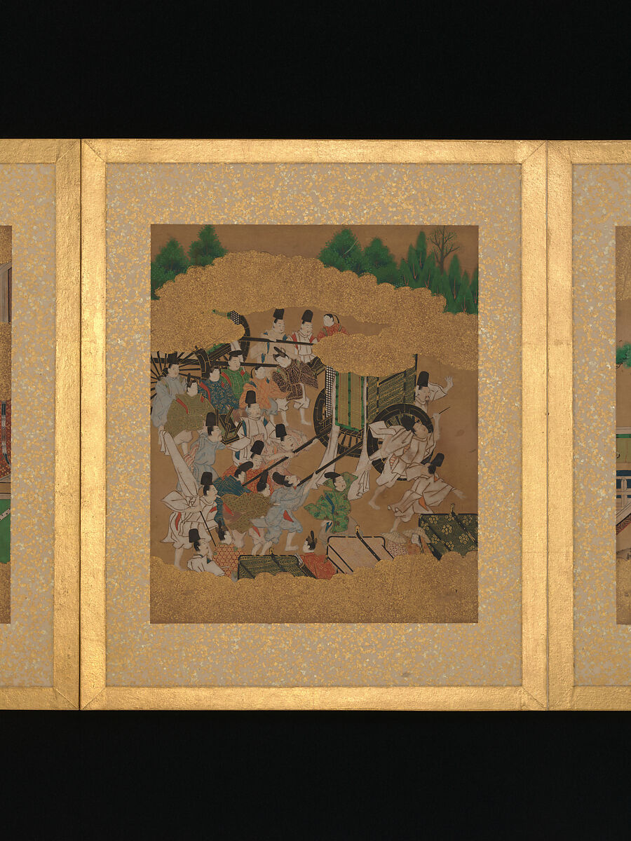 Twelve Scenes from The Tale of Genji, Unidentified artist (Sumiyoshi School), Album of twelve leaves; ink and color on gold-flecked paper, Japan