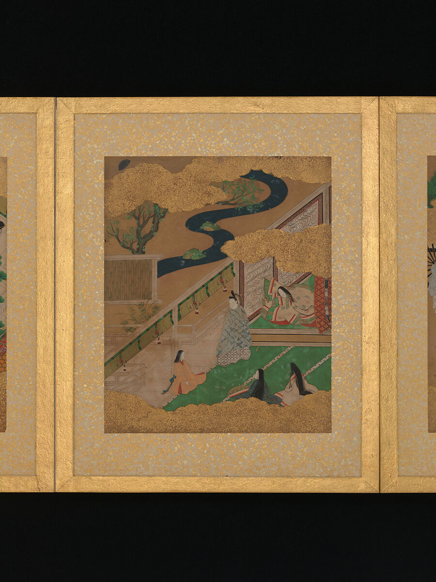 Twelve Scenes from The Tale of Genji, Unidentified artist (Sumiyoshi School), Album of twelve leaves; ink and color on gold-flecked paper, Japan