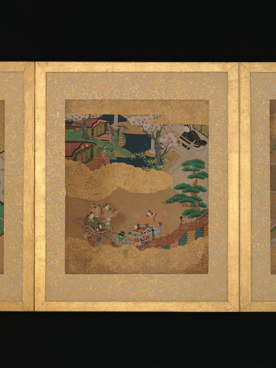 Twelve Scenes from The Tale of Genji, Unidentified artist (Sumiyoshi School), Album of twelve leaves; ink and color on gold-flecked paper, Japan