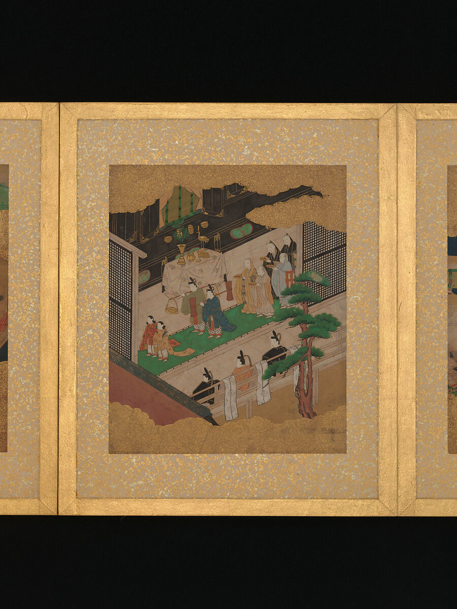 Twelve Scenes from The Tale of Genji, Unidentified artist (Sumiyoshi School), Album of twelve leaves; ink and color on gold-flecked paper, Japan