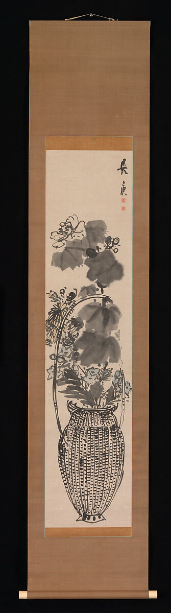 Autumn Flowers in a Bamboo Basket, Yosa Buson (Japanese, 1716–1783), Hanging scroll; ink and color on paper, Japan