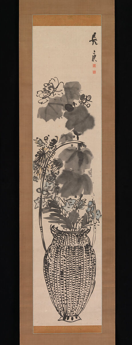 Autumn Flowers in a Bamboo Basket, Yosa Buson (Japanese, 1716–1783), Hanging scroll; ink and color on paper, Japan 