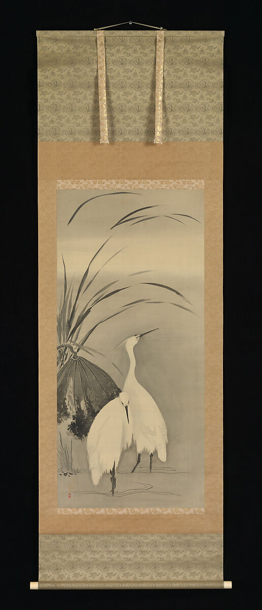Two Egrets and Lotus, Sakai Hōitsu (Japanese, 1761–1828), Hanging scroll; ink on silk, Japan