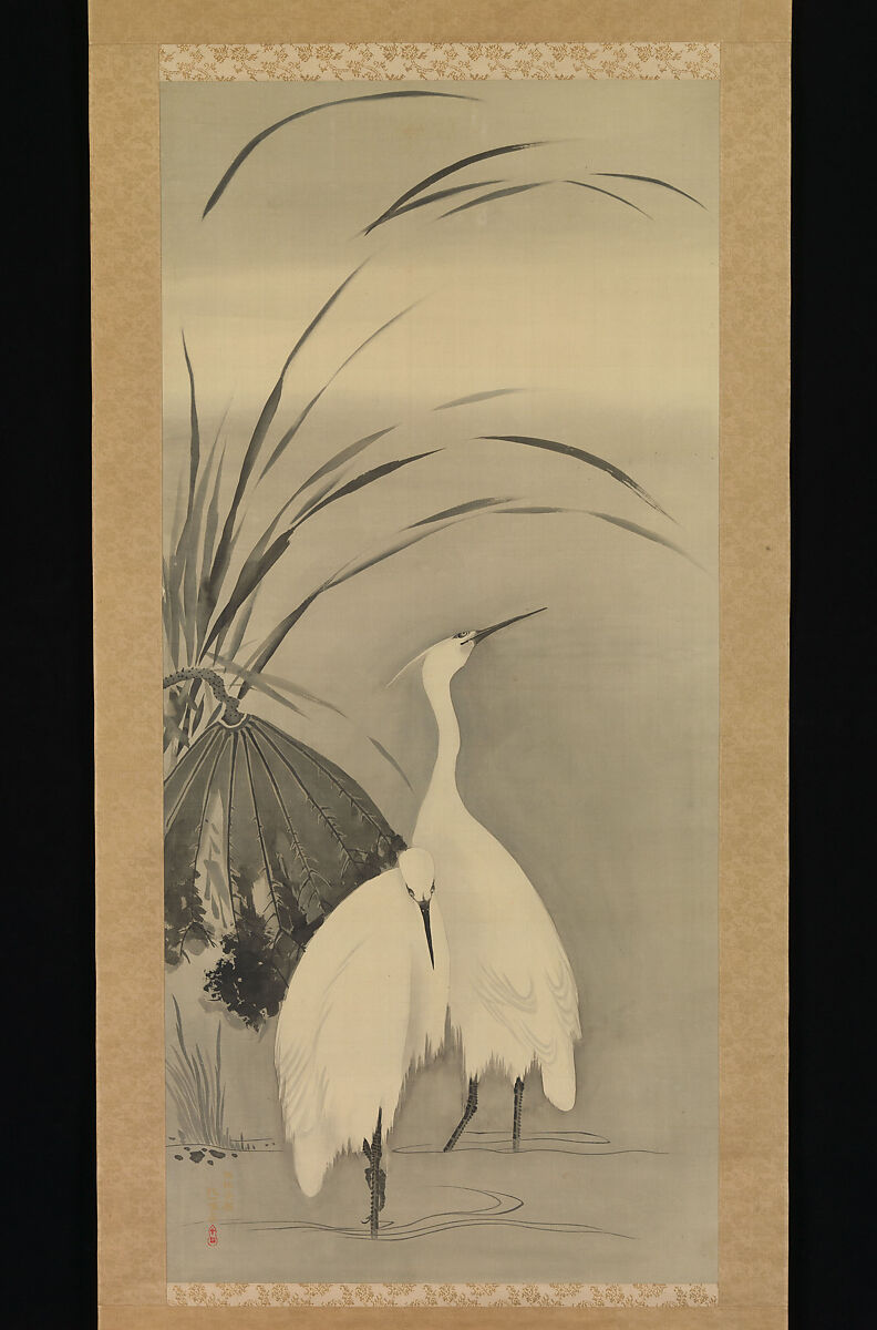 Two Egrets and Lotus, Sakai Hōitsu (Japanese, 1761–1828), Hanging scroll; ink on silk, Japan 