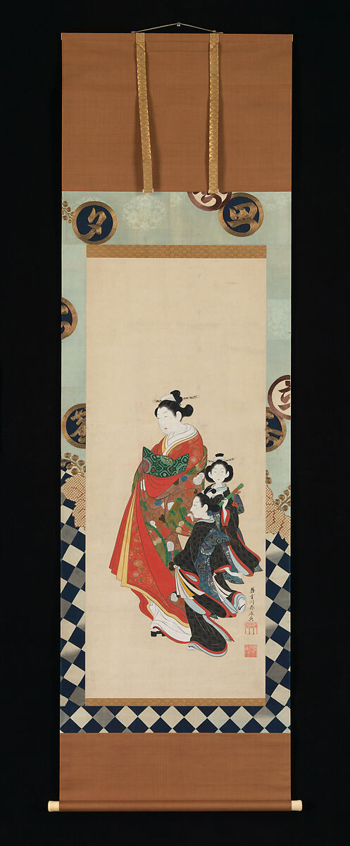Courtesan and Attendants, Miyagawa (Katsukawa) Shunsui (Japanese, active 1744–64), Hanging scroll; ink and color on silk, Japan