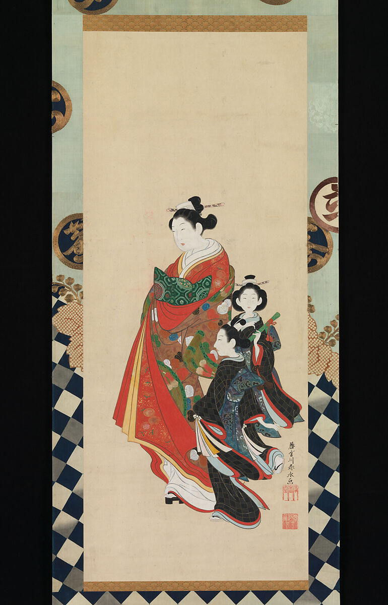 Courtesan and Attendants, Miyagawa (Katsukawa) Shunsui (Japanese, active 1744–64), Hanging scroll; ink and color on silk, Japan 