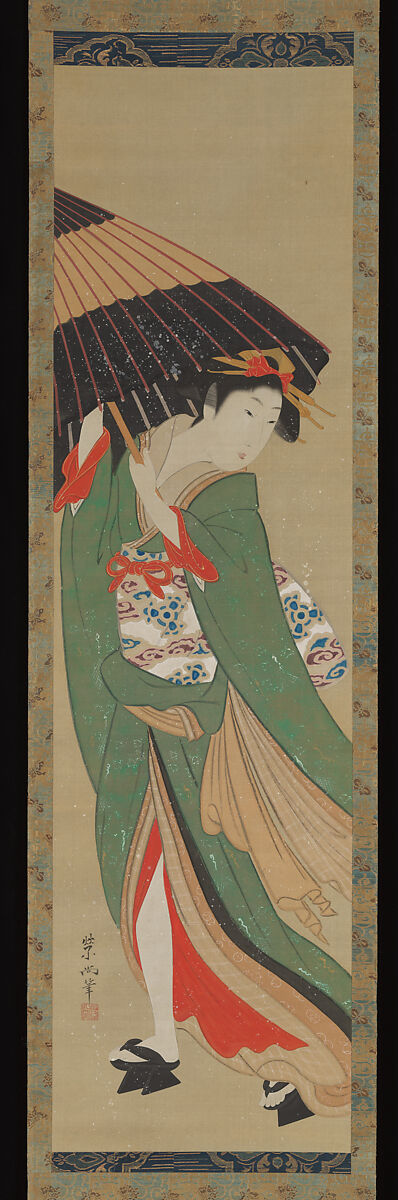 Beautiful Lady, Chōkōsai Eishō (Japanese, 1793–99), Hanging scroll; ink and color on silk, Japan 