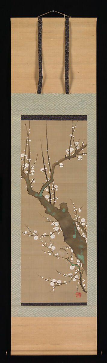 Bush Warbler (Uguisu) in a Plum Tree, Sakai Hōitsu (Japanese, 1761–1828), Hanging scroll; ink, color and gold on silk, Japan