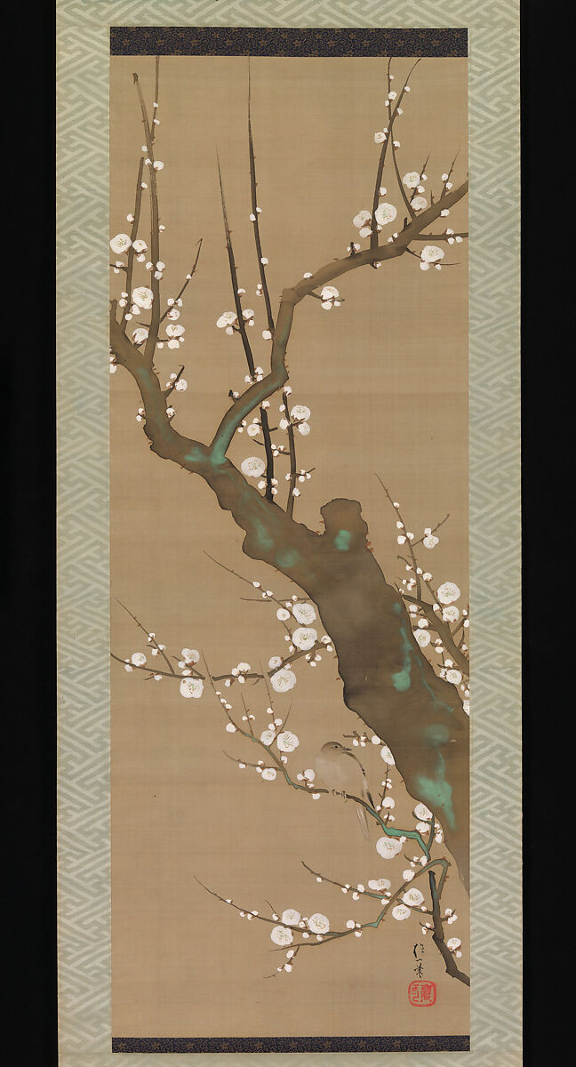 Bush Warbler (Uguisu) in a Plum Tree, Sakai Hōitsu (Japanese, 1761–1828), Hanging scroll; ink, color and gold on silk, Japan 