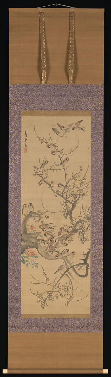 Sparrows in a Plum Tree, Nagasawa Rosetsu 長澤蘆雪 (Japanese, 1754–1799), Hanging scroll; ink and color on silk, Japan