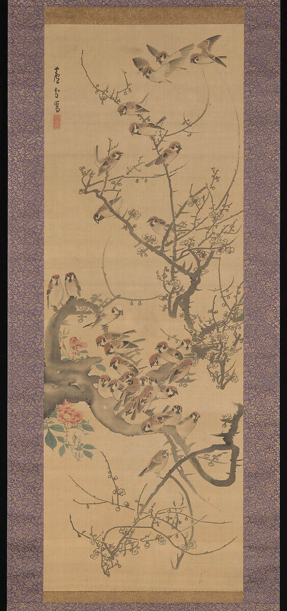 Sparrows in a Plum Tree, Nagasawa Rosetsu 長澤蘆雪 (Japanese, 1754–1799), Hanging scroll; ink and color on silk, Japan 