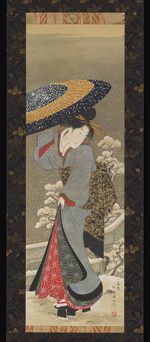 Beauty in Snow, Utagawa Kunimasa (Japanese, 1773–1810), Hanging scroll; ink and color on silk, Japan 