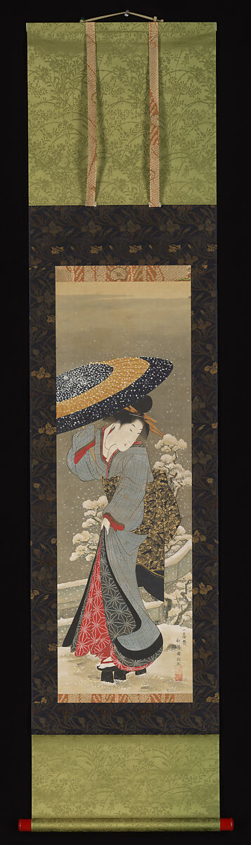 Beauty in Snow, Utagawa Kunimasa (Japanese, 1773–1810), Hanging scroll; ink and color on silk, Japan