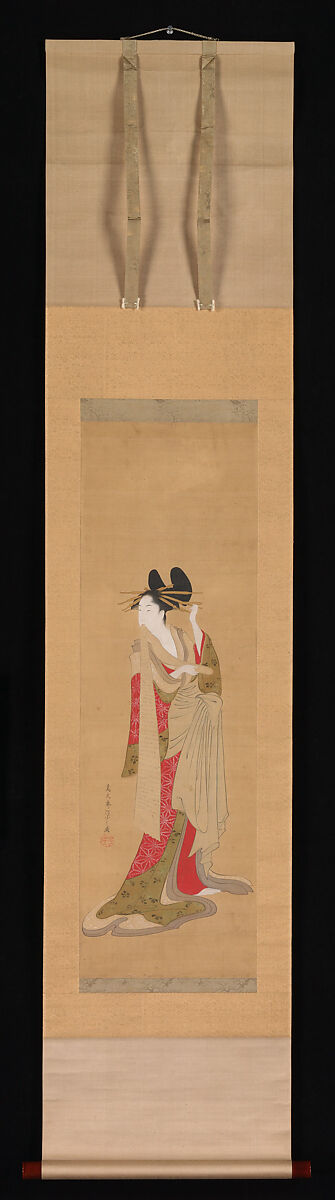 Courtesan with a Letter in Her Mouth, Chōbunsai Eishi (Japanese, 1756–1829), Hanging scroll; ink and color on silk, Japan