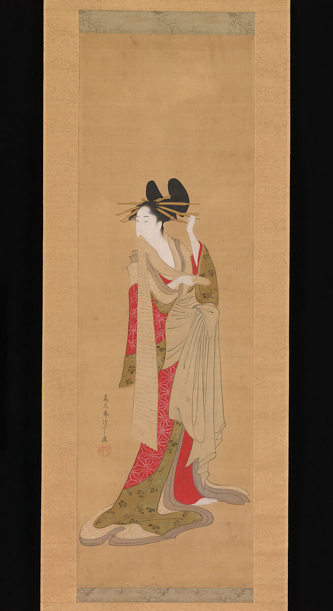 Courtesan with a Letter in Her Mouth, Chōbunsai Eishi (Japanese, 1756–1829), Hanging scroll; ink and color on silk, Japan 
