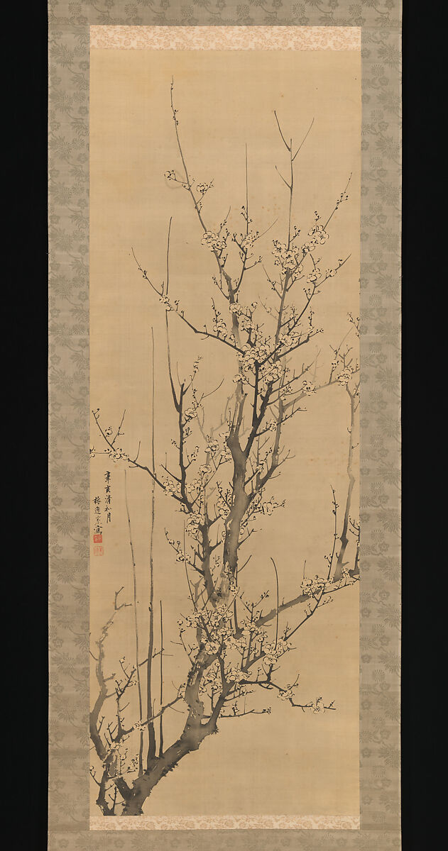 Plum Blossoms, Yamamoto Baiitsu (Japanese, 1783–1856), Hanging scroll; ink on silk, Japan 