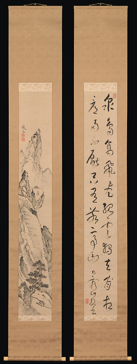 Landscape and Couplet of Chinese Verse, Ike Taiga (Japanese, 1723–1776), Pair of hanging scrolls; ink on paper, Japan 