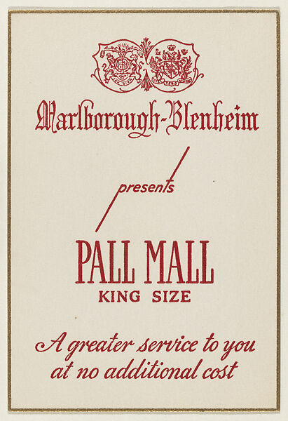Marlborough-Blenheim presents Pall Mall King Size, from the "Hotel Greeting Cards" series (T71), issued by R. J. Reynolds Tobacco Company, Issued by R. J. Reynolds Tobacco Company, Commercial color lithograph 