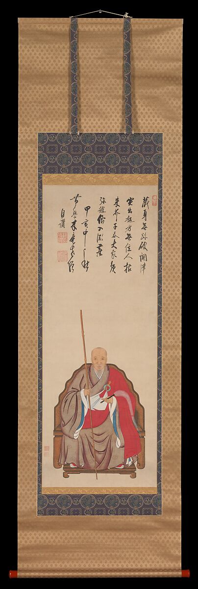 Portrait of the Ōbaku Zen Monk Mu’an Xingtao (Mokuan Shōtō), Painting by Kita Genki (Japanese, active late 17th century), Hanging scroll; ink and color on silk, Japan