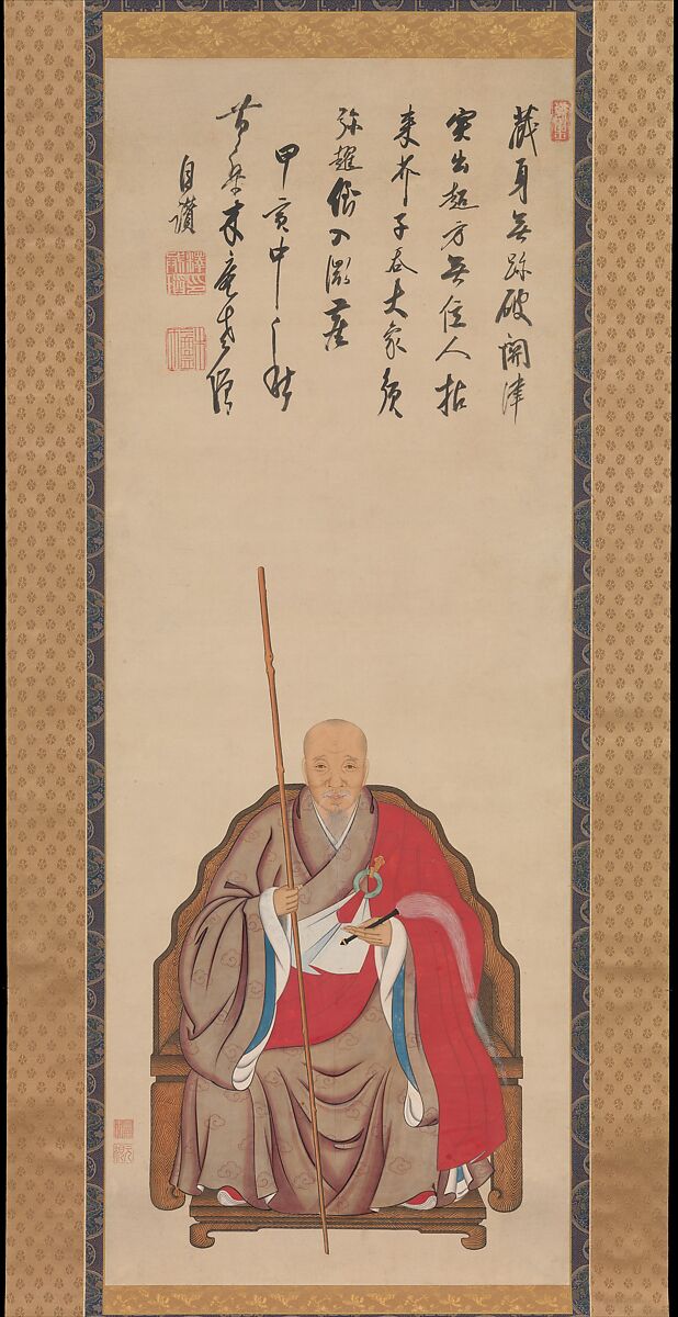 Portrait of Obaku Monk Mokuan, Kita Genki (Japanese, active late 17th century), Hanging scroll; ink and color on silk, Japan 